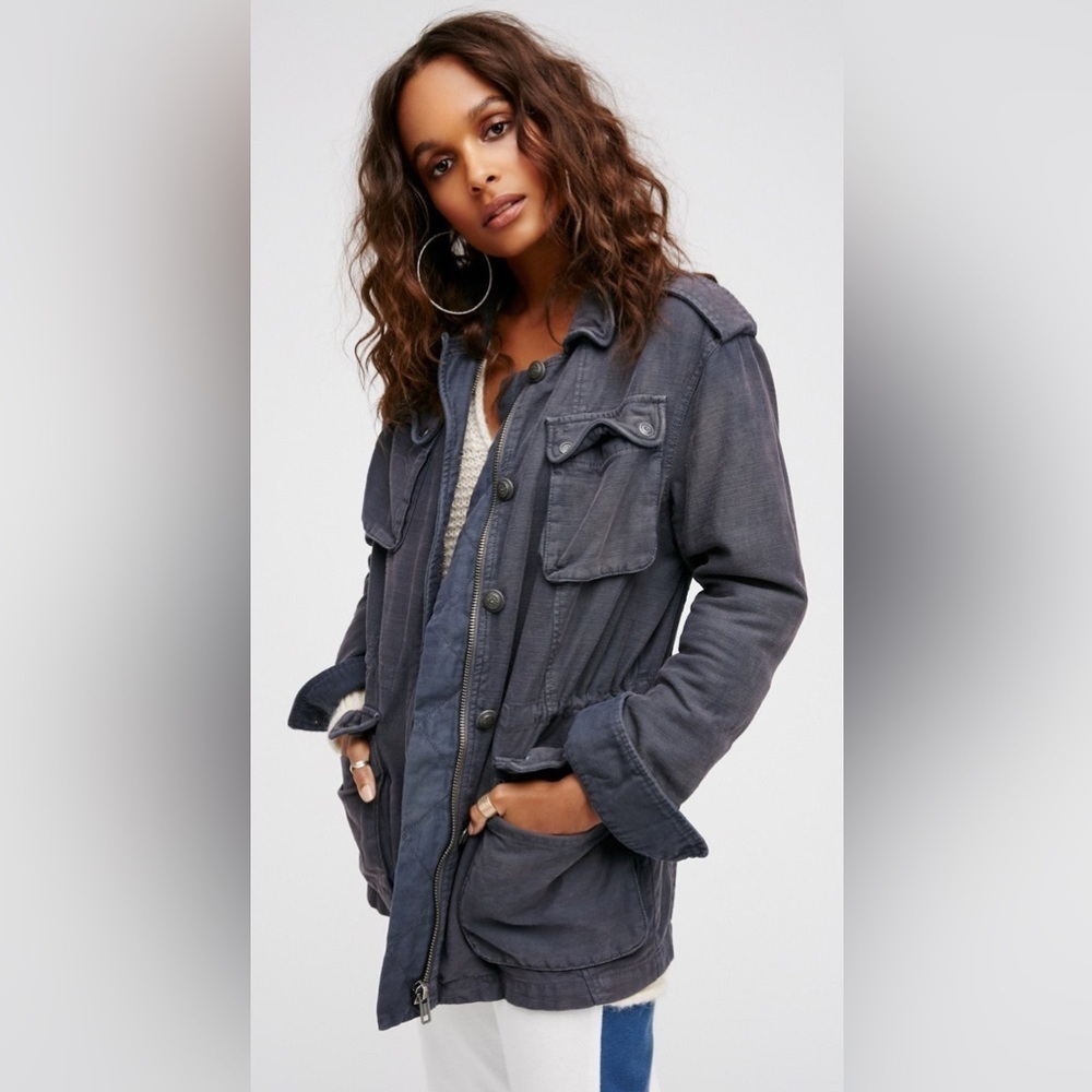 Free People Washed Cotton Blue Not Your Brother's Surplus Utility Jacket EUC S